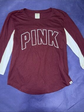 PINK Victoria's Secret Maroon Long-Sleeve Tee with White Sleeves
